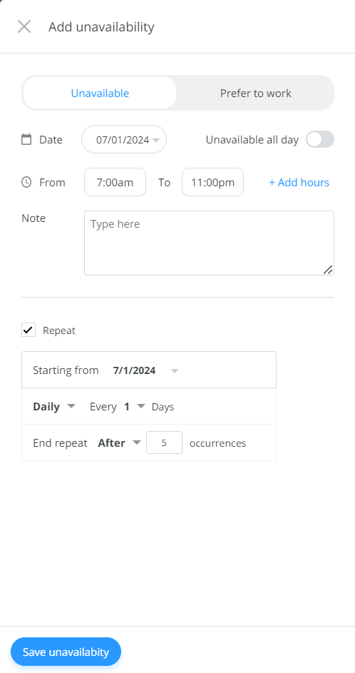 entering availability in connecteam