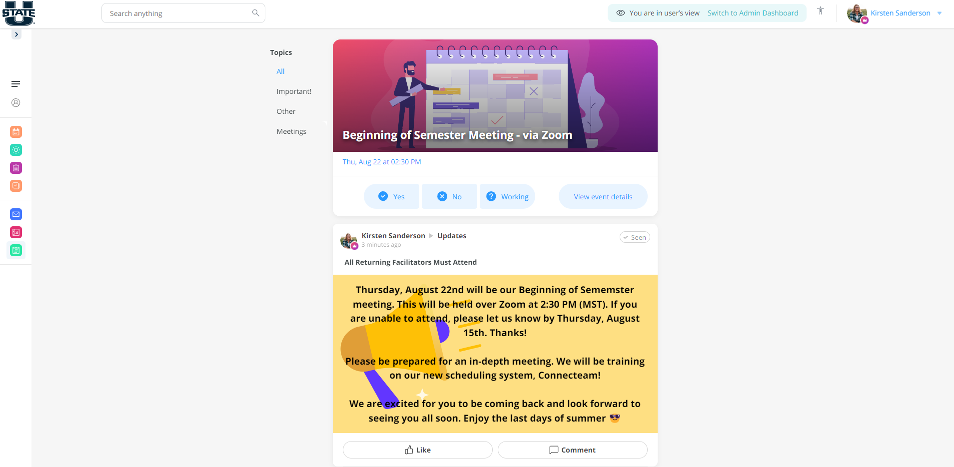 The feed of Connecteam that shows announcements and events.