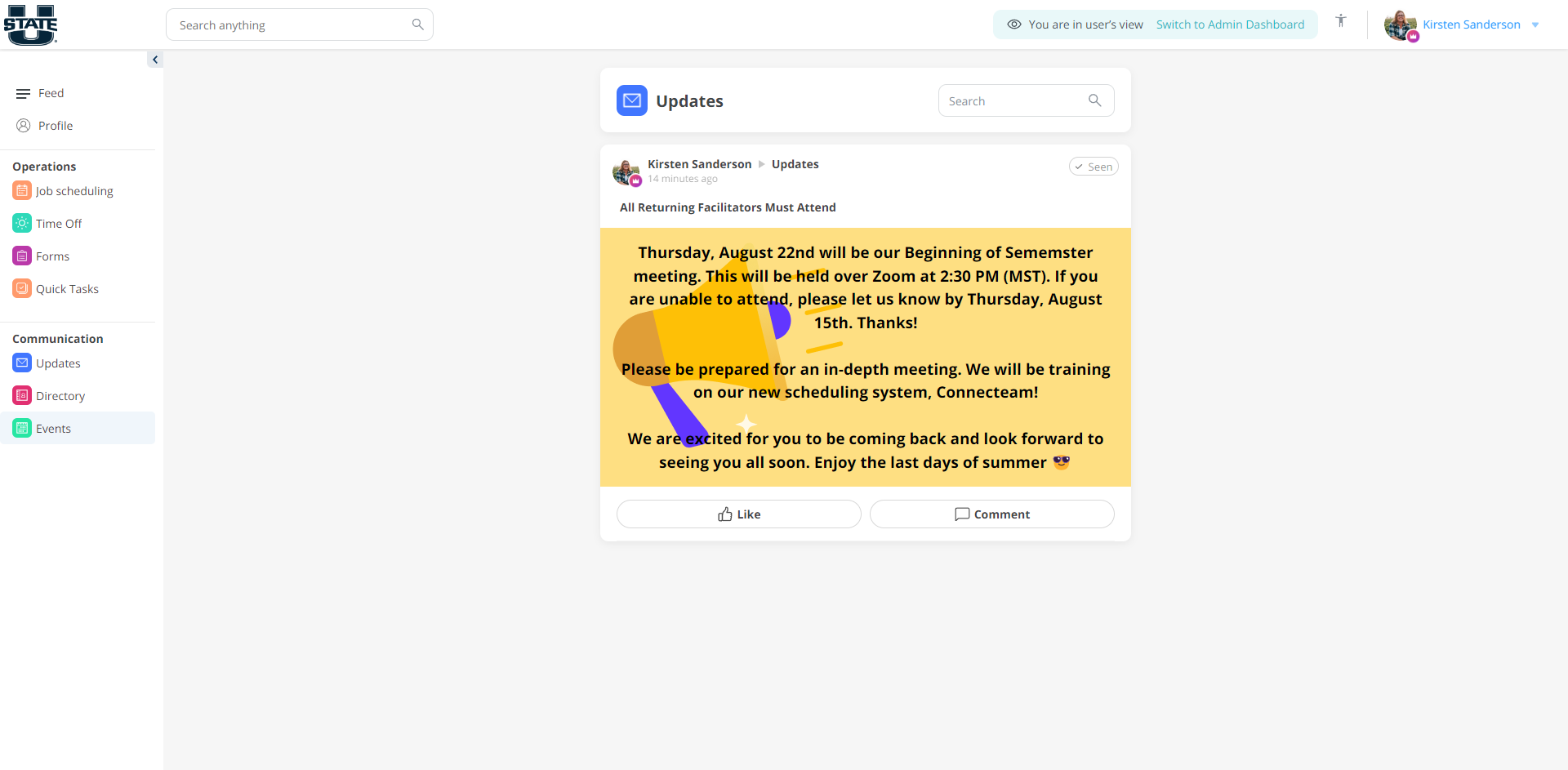 updates page on connecteam