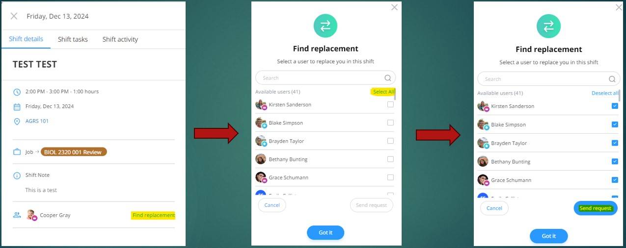 Replacement Request 1 Diagram of Connecteam showing how to send a Replacement request