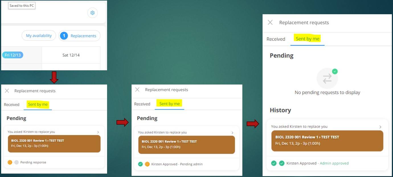 Replacement Requests 2 Diagram showing the steps to view submitted Replacment Requests and Approval steps