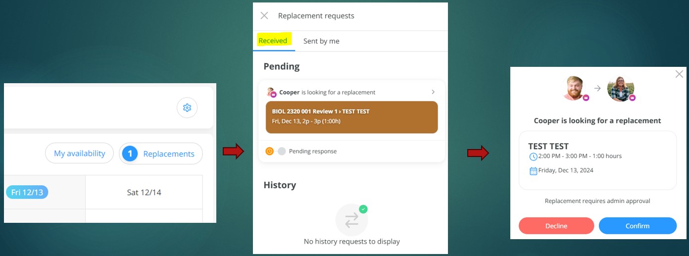 Replacement Requests 3 Diagram showing how to accept Replacement Requests in Connecteam