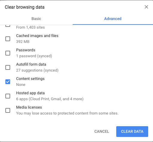 An image showing where to select Content Settings and Clear Data.